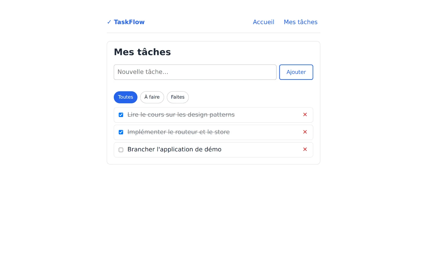 Application de démonstration TaskFlow : liste de tâches avec champ d'ajout, filtres Toutes / À faire / Faites, et cases à cocher.
